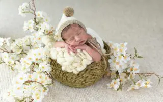 Adorable Newborn in Cozy Basket with Flowers
