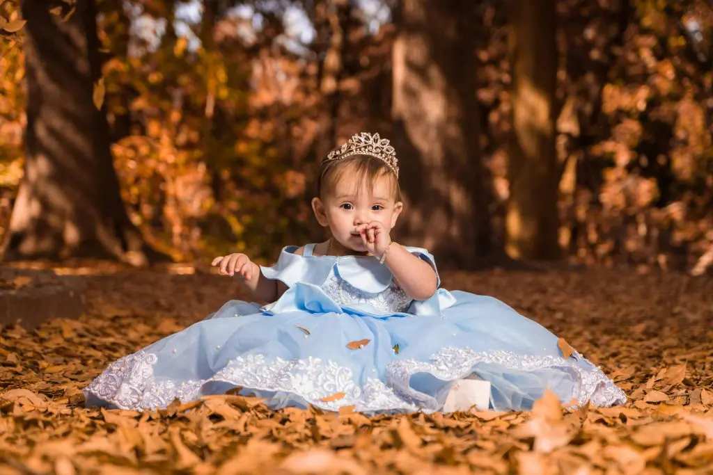 A Girl in Blue Gown Sitting on Fallen Leaves
