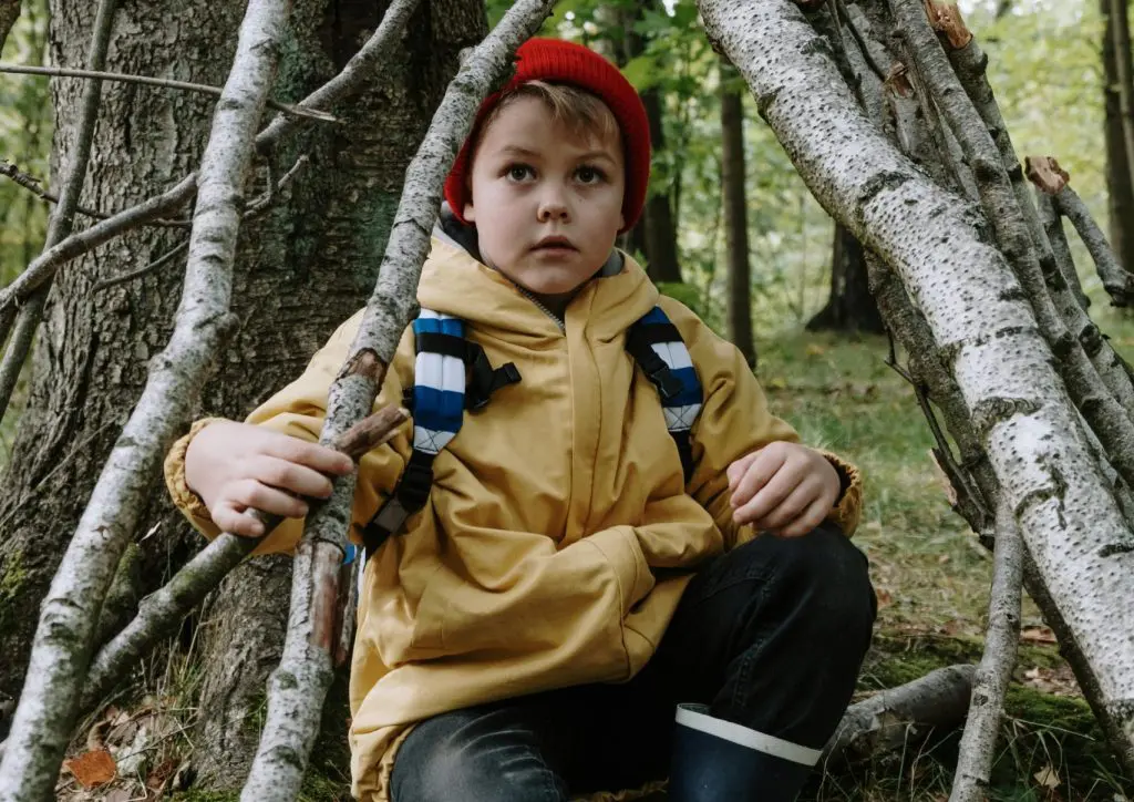 Boy in a Yellow Jacket and Red Beanie Tree Trunk