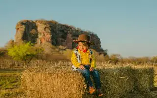 Boy in Woody Costume Sitting on Hay - Featured