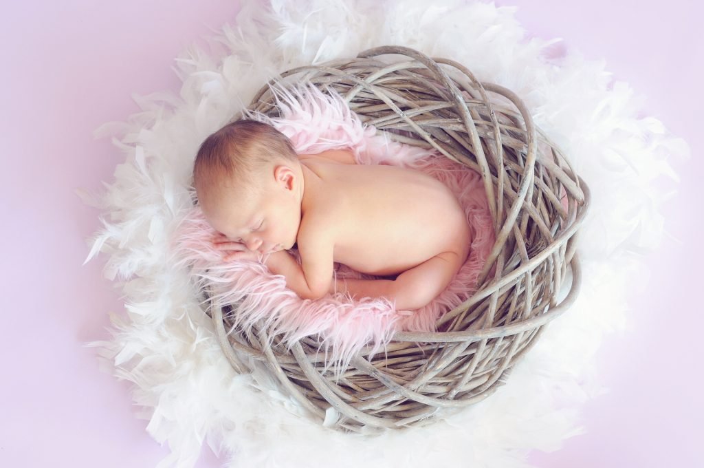 Newborn baby in a fancy nest