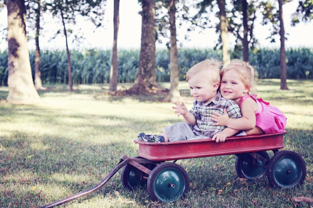 Young children on a wagon