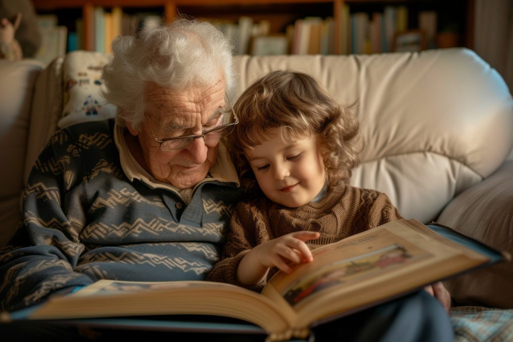 Child reading book with grandfather