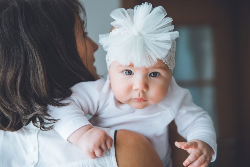 Very Cute Newborn Girl in White Dress