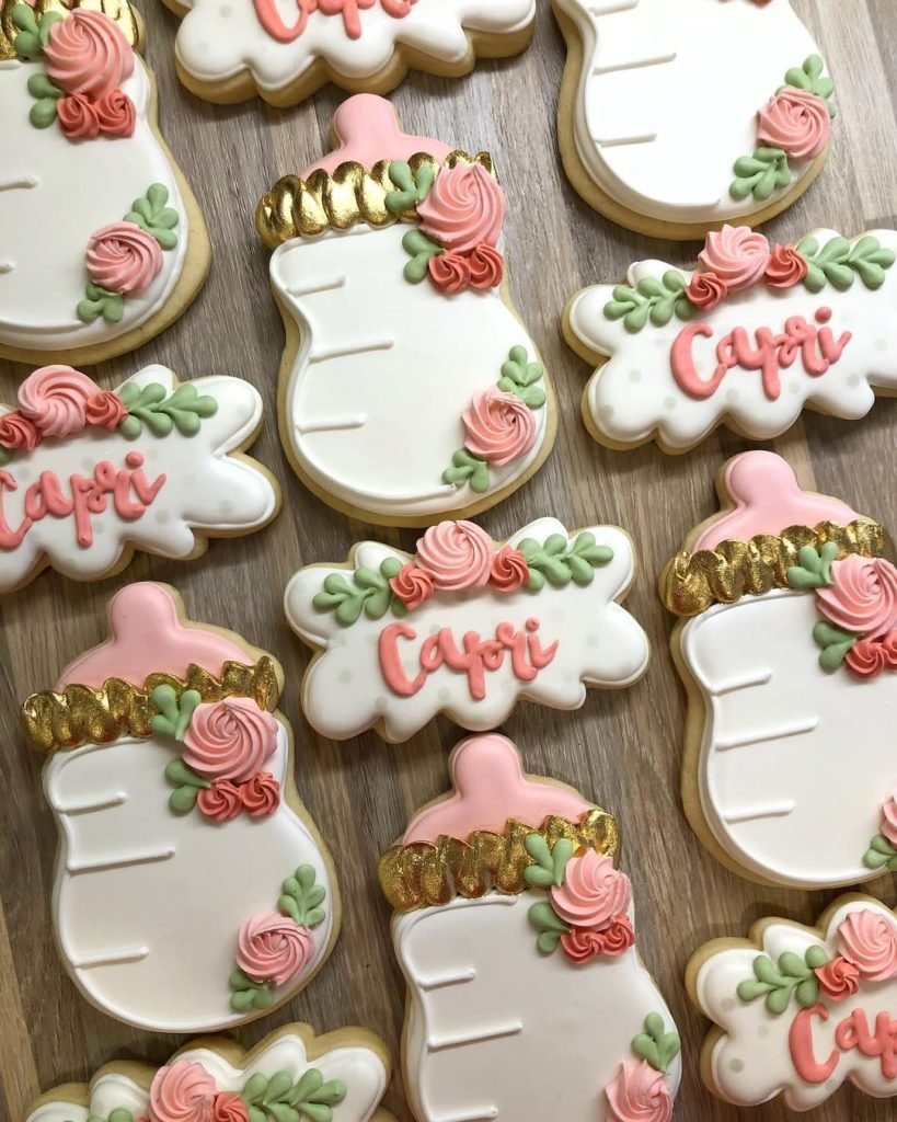 25 Baby Shower Cookie Ideas for Girls That Are Too Pretty to Eat 30 Floral & Gold Baby Bottles Cookies