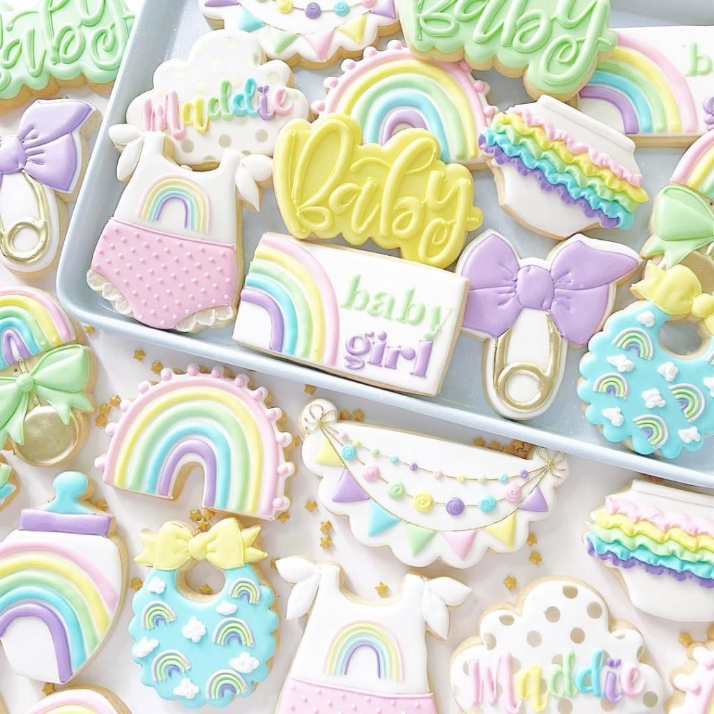 25 Baby Shower Cookie Ideas for Girls That Are Too Pretty to Eat 22 Rainbow Baby Joy Cookies